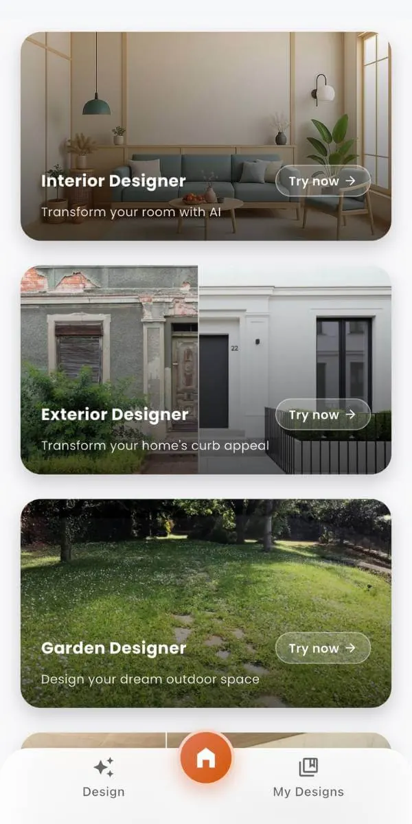 DecorAI app preview showing AI interior design features