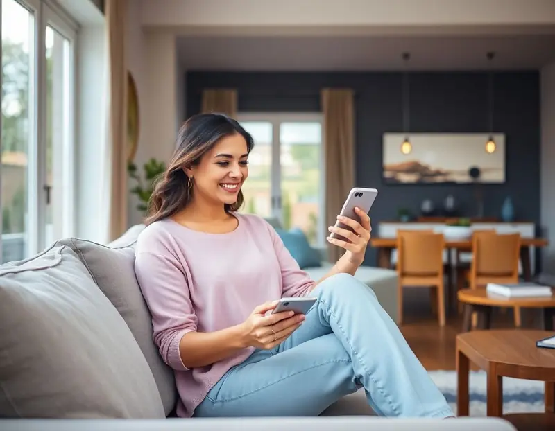 Woman using DecorAI app on her phone to redesign her living room