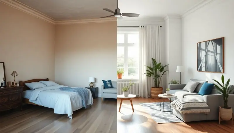 Before and after AI interior design transformation of a bedroom