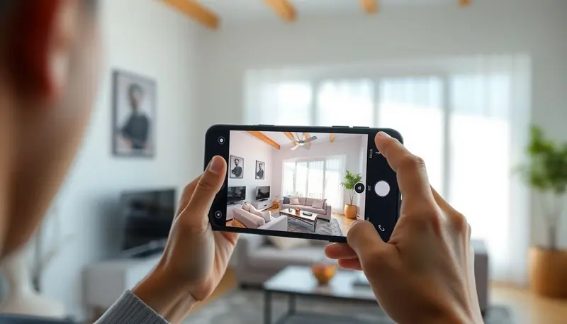 Person using their phone to photograph a room for AI interior design